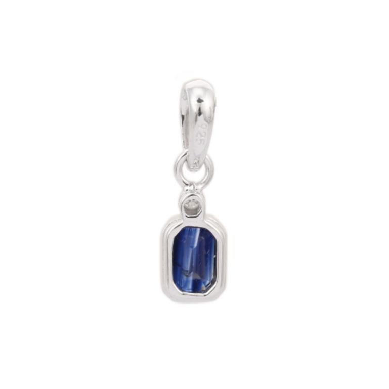 Octagon Cut Dainty Blue Sapphire Pendant with Diamond for Mom Gift in Sterling Silver For Sale