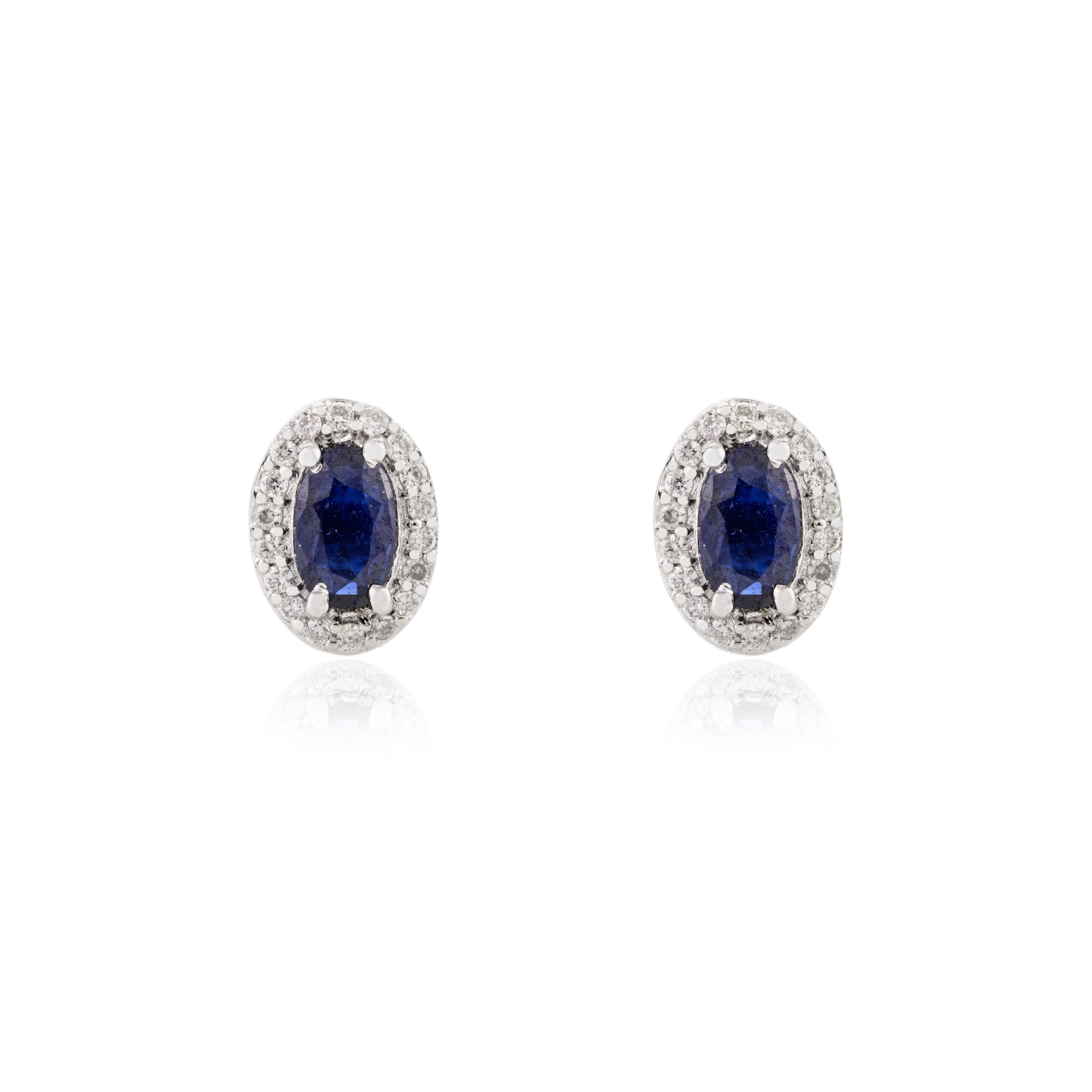 Art Deco Dainty Blue Sapphire Stud Earrings with Diamond Around in 18k Solid White Gold For Sale