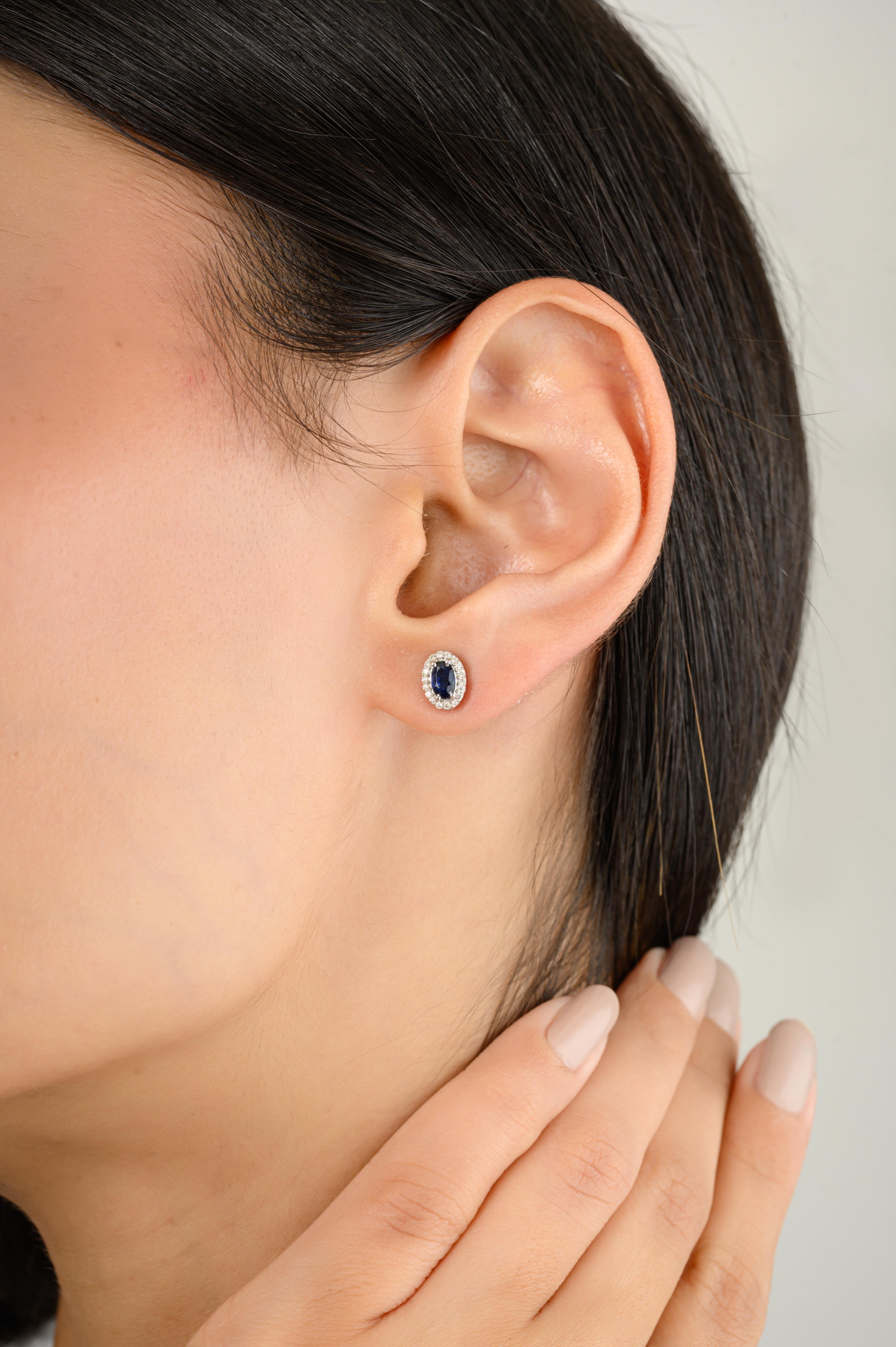 Oval Cut Dainty Blue Sapphire Stud Earrings with Diamond Around in 18k Solid White Gold For Sale