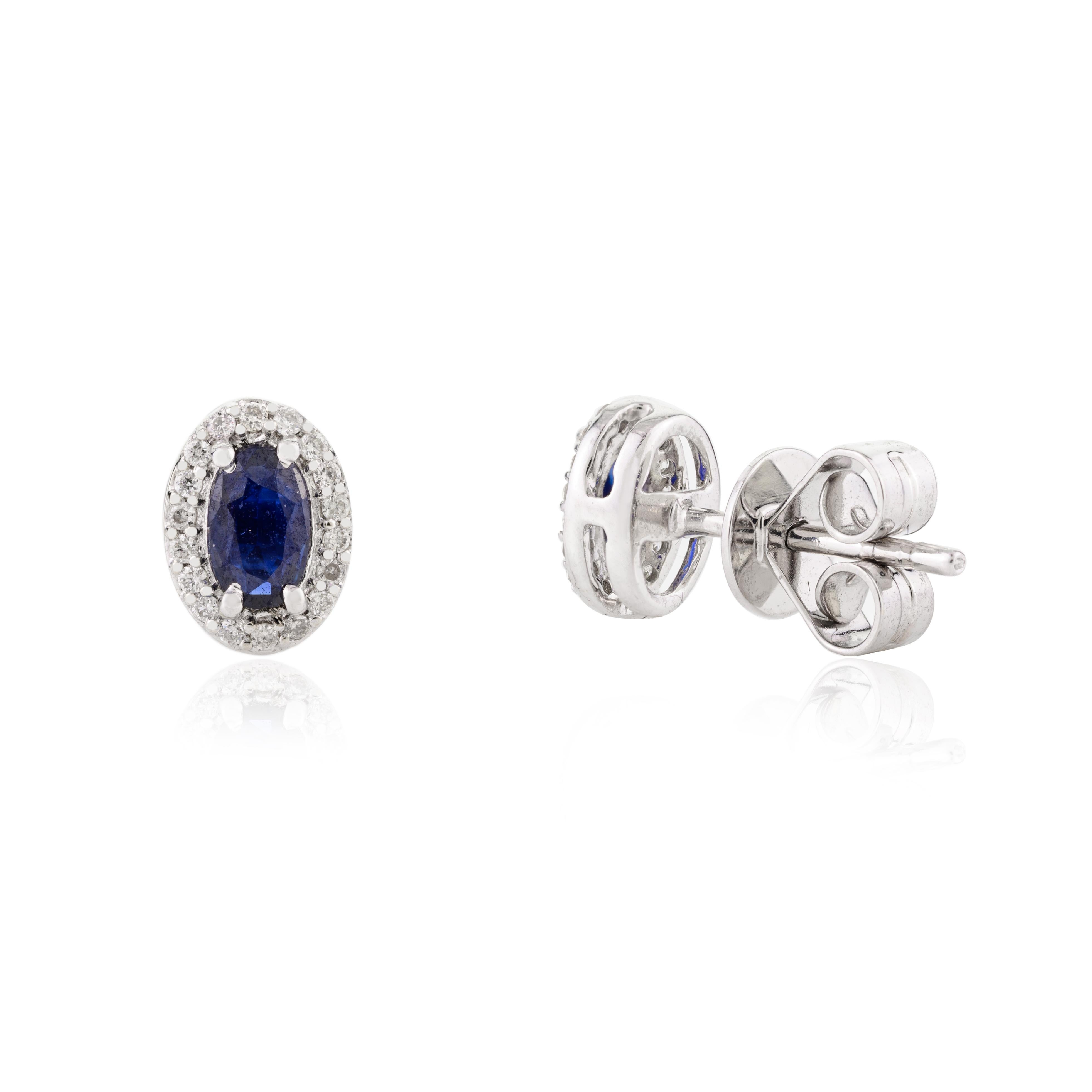 Women's Dainty Blue Sapphire Stud Earrings with Diamond Around in 18k Solid White Gold For Sale