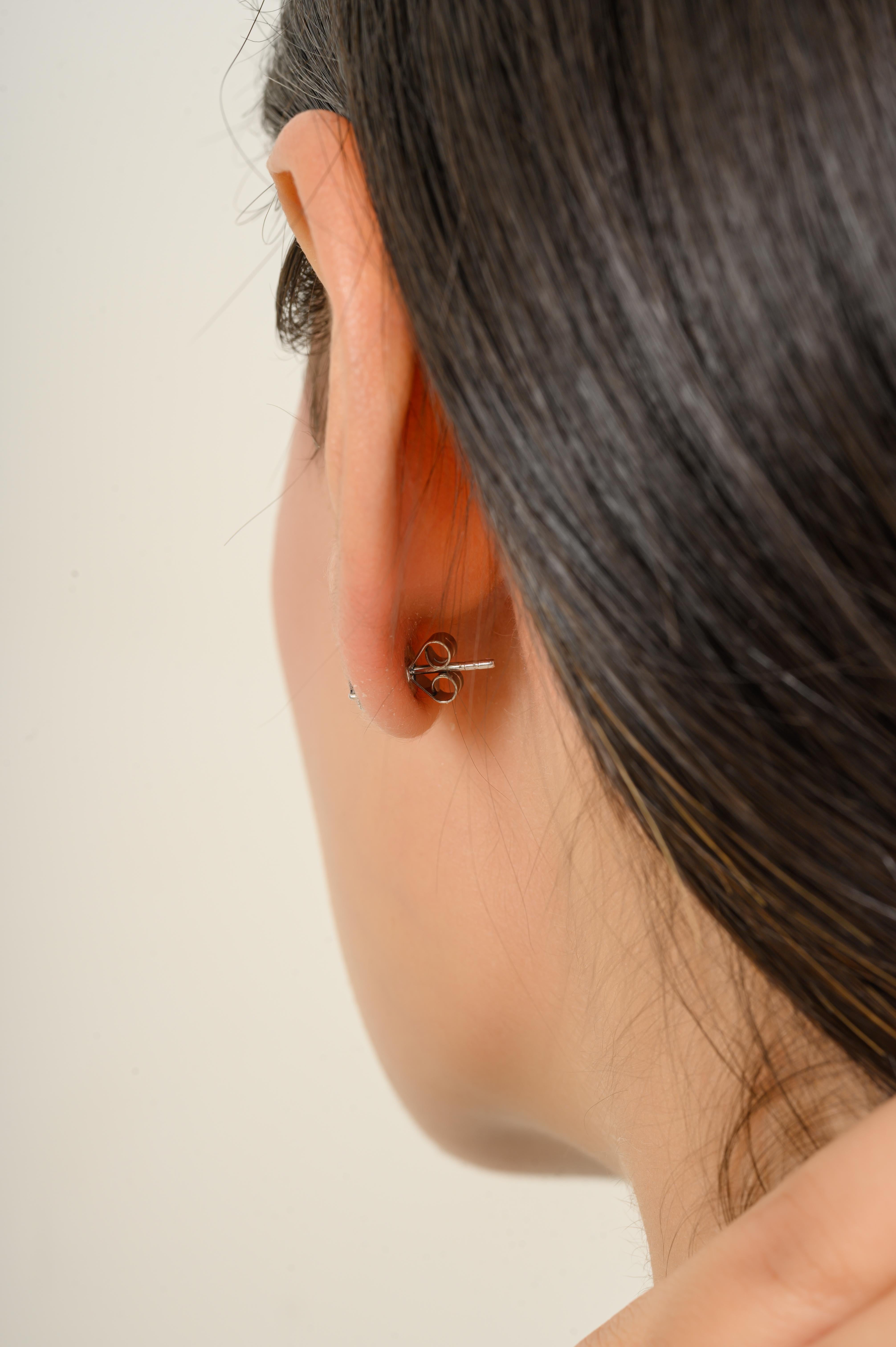 Dainty Blue Sapphire Stud Earrings with Diamond Around in 18k Solid White Gold For Sale 1