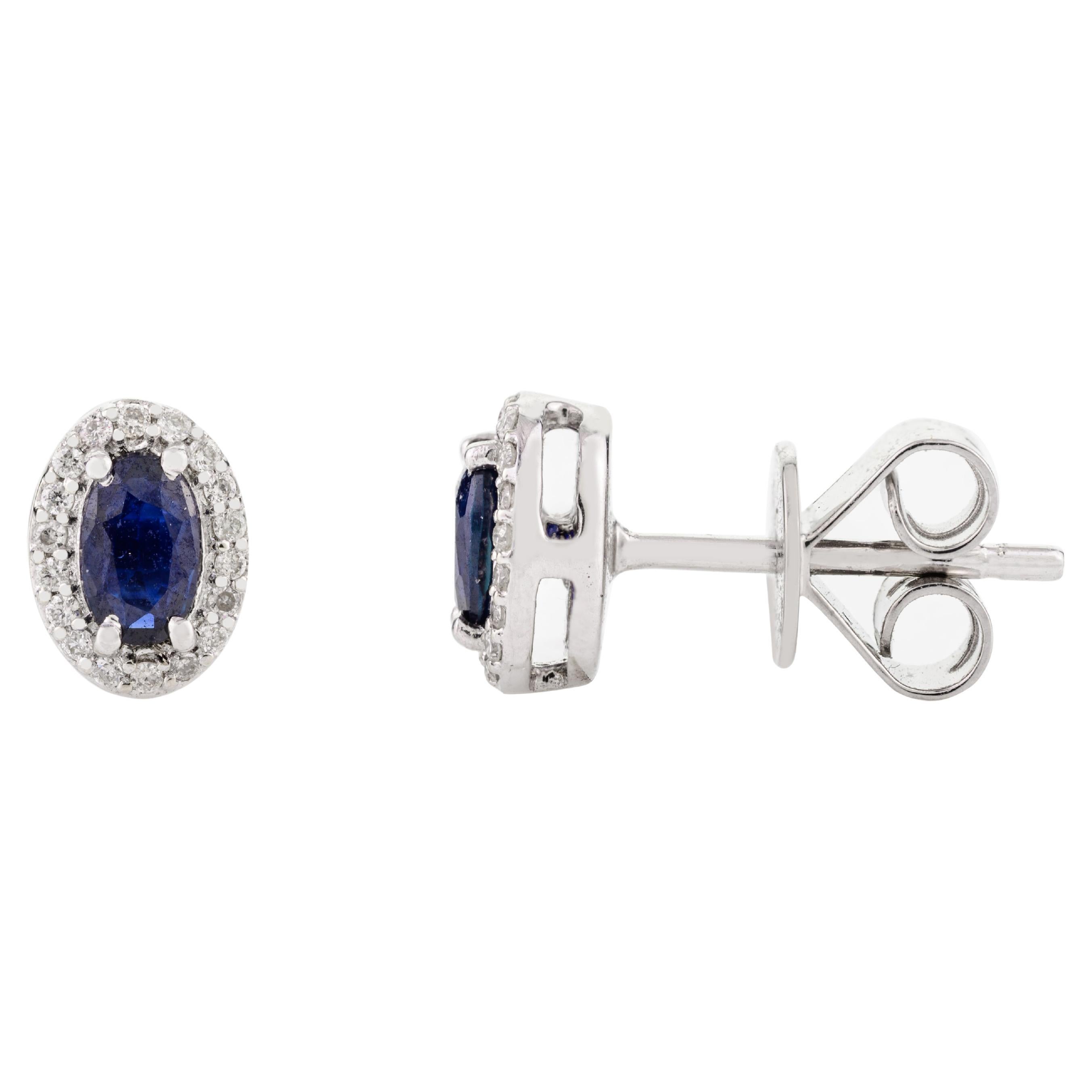 Dainty Blue Sapphire Stud Earrings with Diamond Around in 18k Solid White Gold