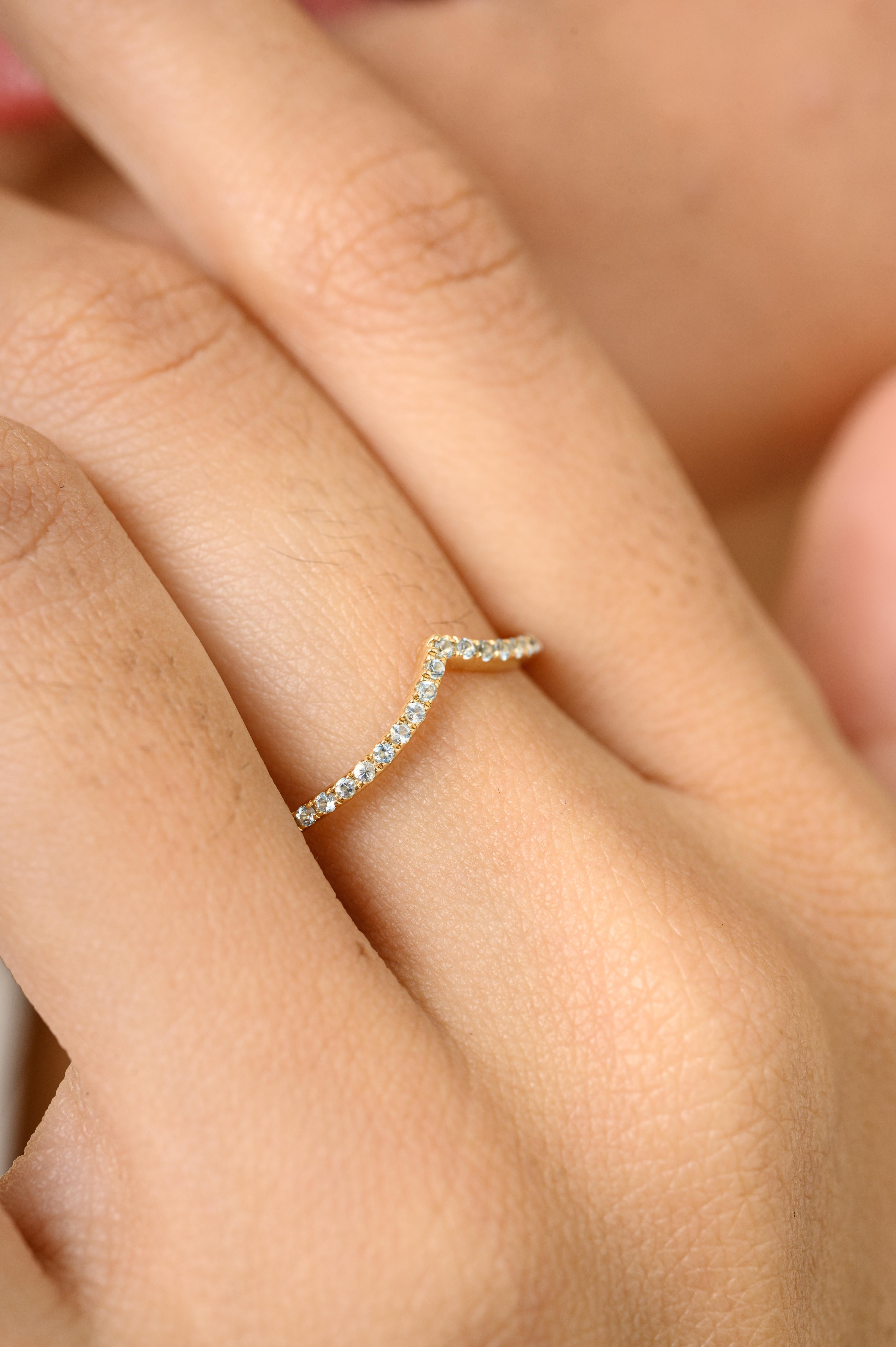 For Sale:  Dainty Blue Topaz Chevron Stackable V Shape Ring in 14k Yellow Gold for Her 4