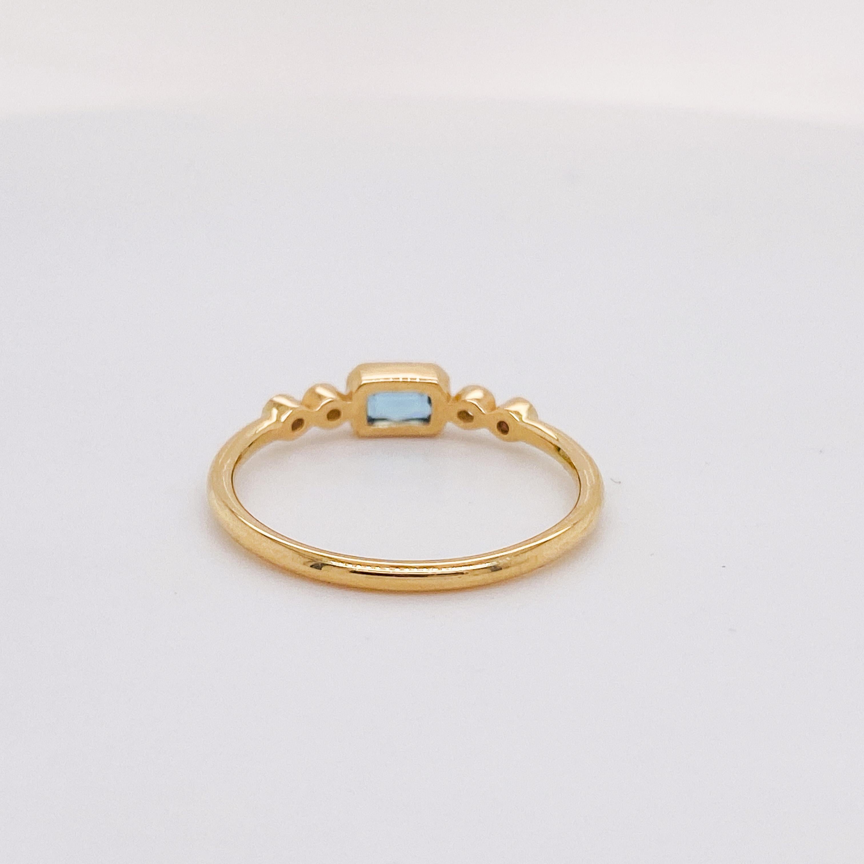 For Sale:  Dainty Blue Topaz Ring Minimalist W Diamonds in 14 Karat Yellow Gold Sizable 3