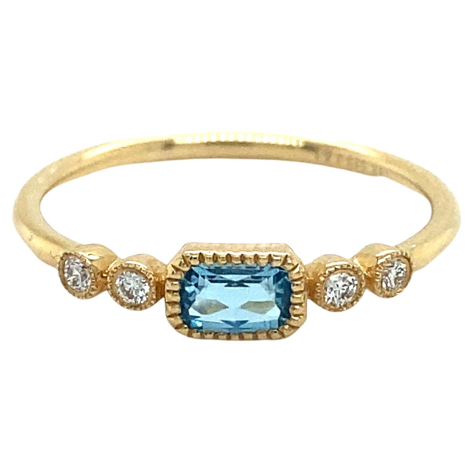 For Sale:  Dainty Blue Topaz Ring Minimalist W Diamonds in 14 Karat Yellow Gold Sizable