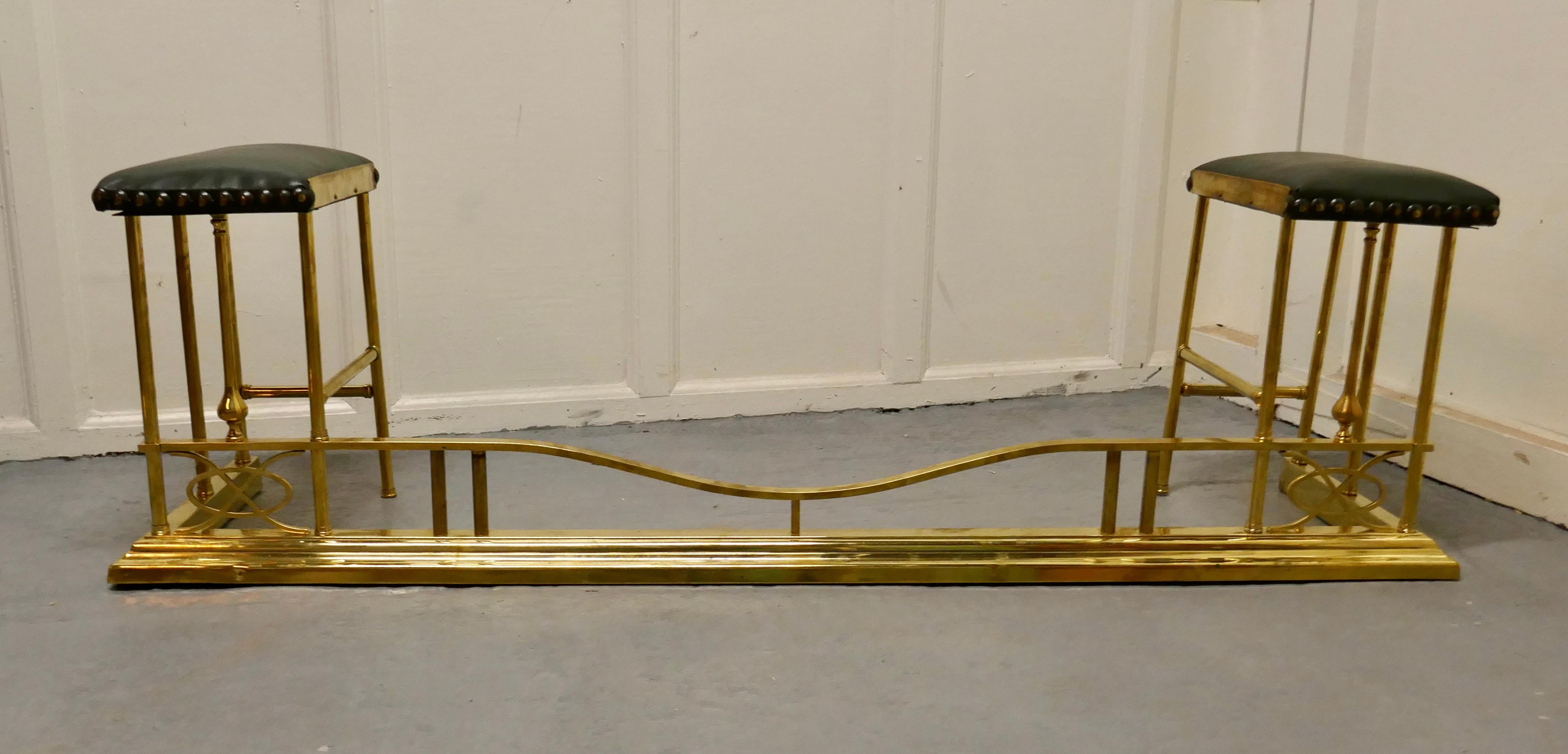 Dainty brass and green leather club fender

This is an dainty piece of country cottage furniture and suited to a cottage or bedroom location, the fender is in brass with studded leather seats
The fender is in good condition
The fender is 17.5” high,