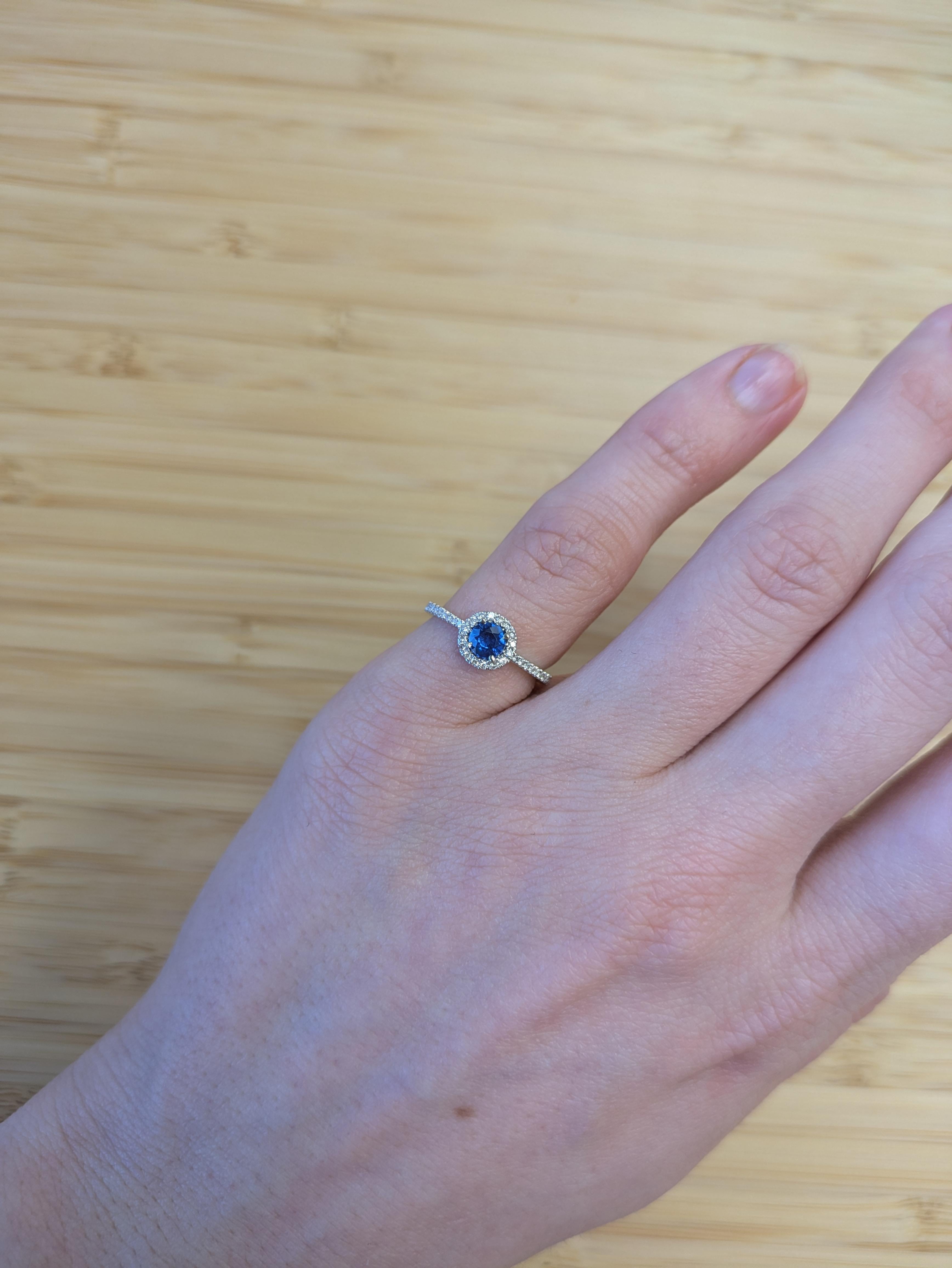 A classic symbol of grace, this Ceylon sapphire ring is framed with a shimmering halo of natural diamonds. The solid 14K gold band sparkles with a pave diamond shank, creating a dainty, feminine design that’s both simple and unforgettable.

**We
