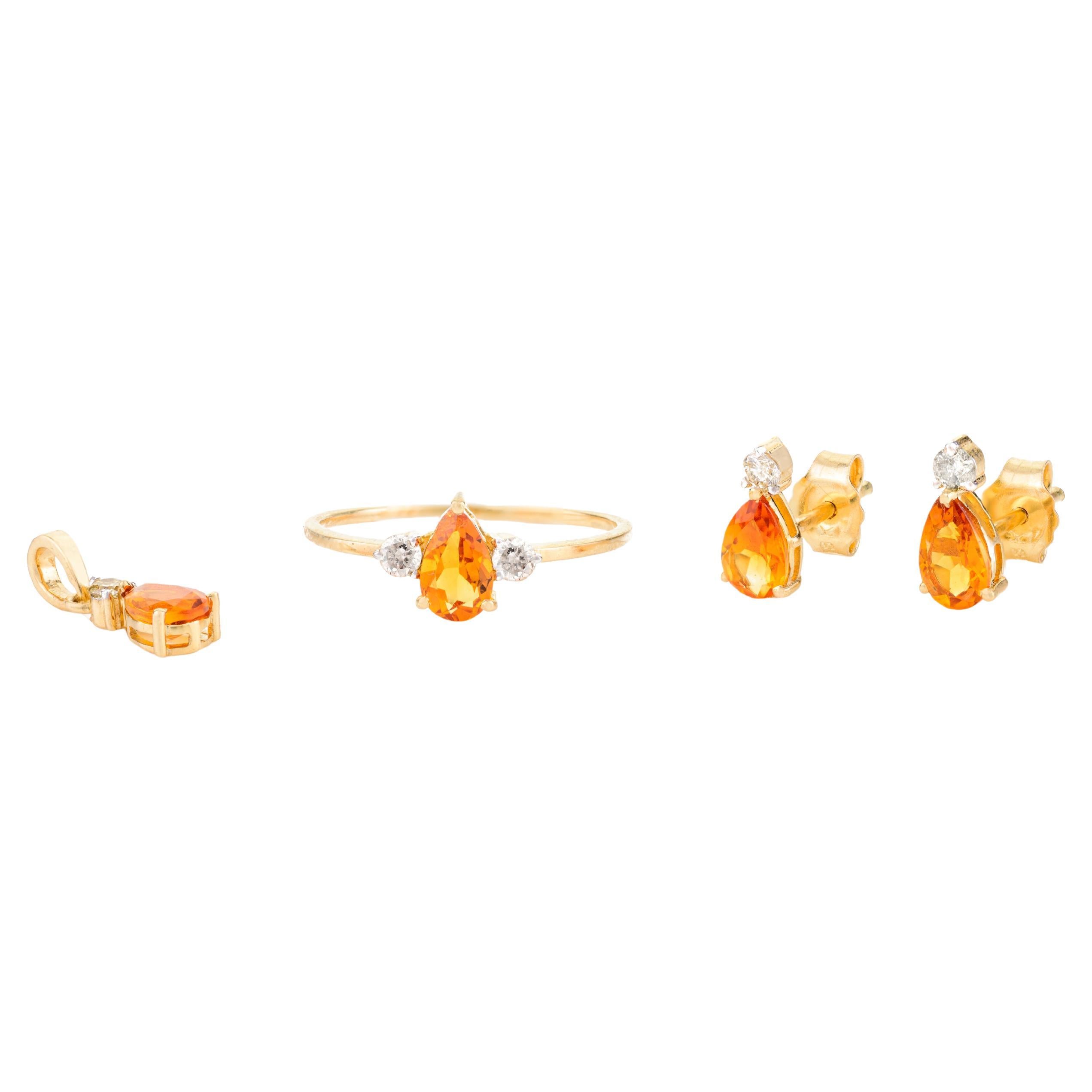 Poire Citrine Diamant Boucle d'Oreille Bague Pendentif en Or Jaune 18k Cadeau