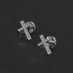 Dainty Cross Studs Earrings Natural Diamond Solid 14k White Gold Jewelry Earring