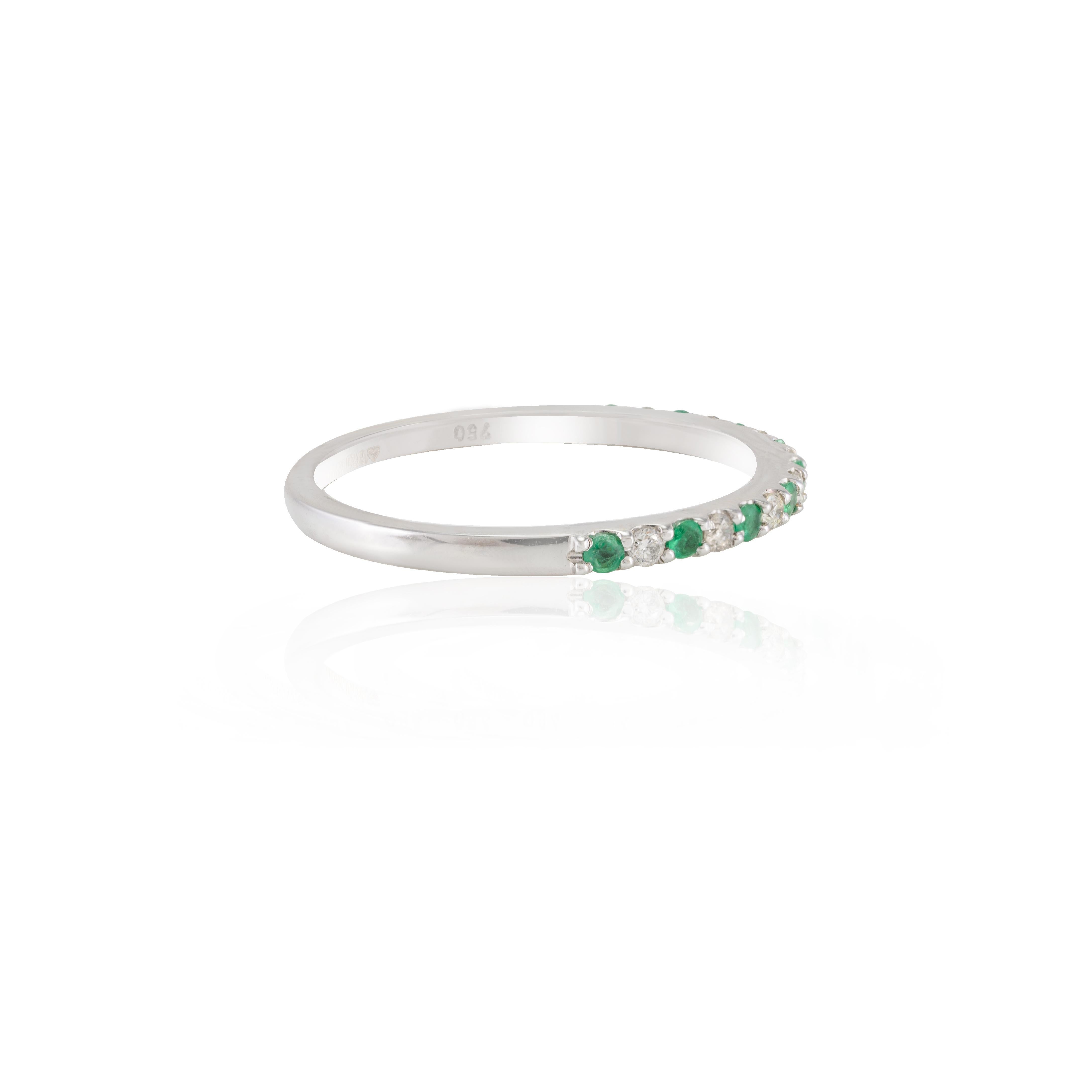 For Sale:  Minimalist Diamond and Emerald Pave Band Stackable Ring 18k Solid White Gold 4