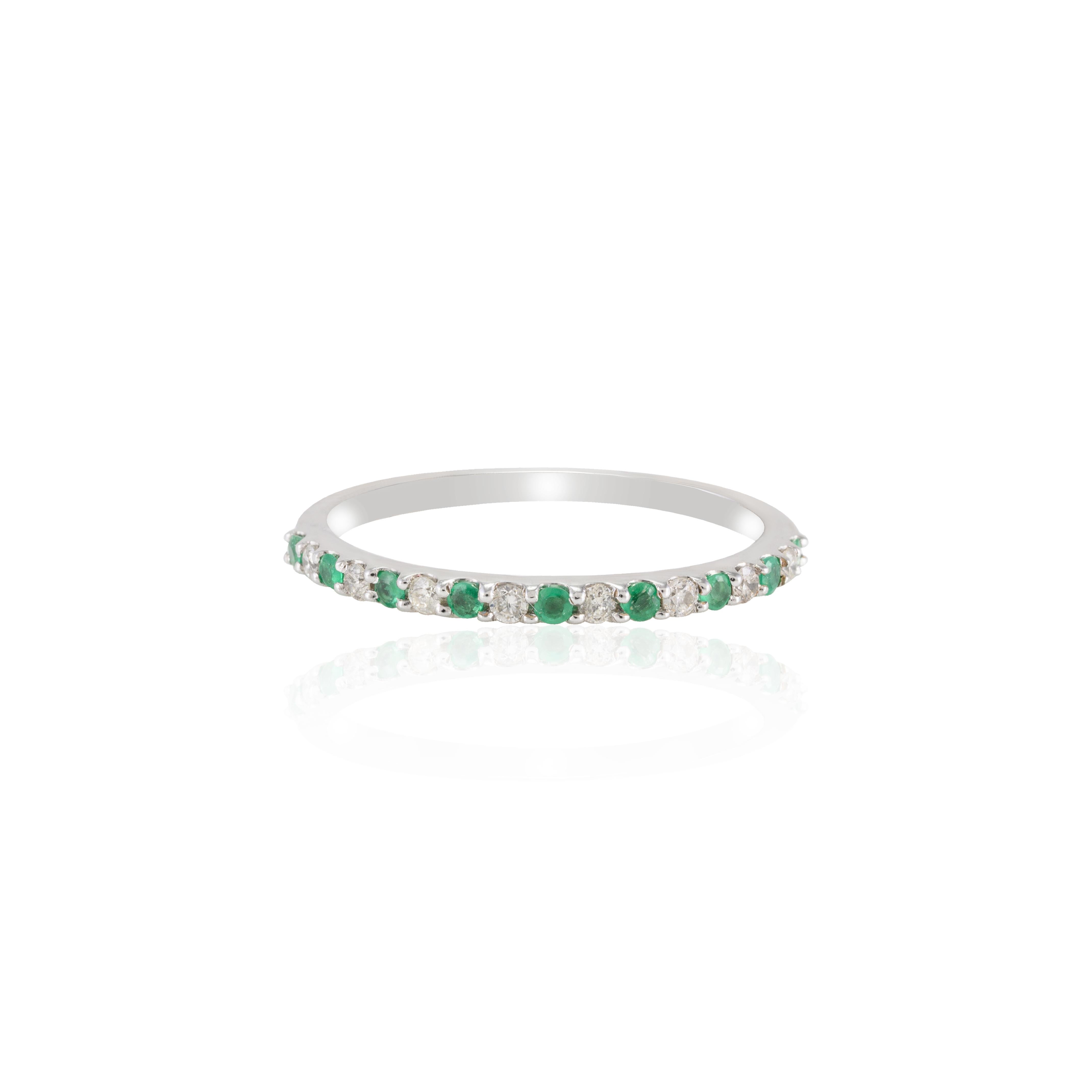 For Sale:  Minimalist Diamond and Emerald Pave Band Stackable Ring 18k Solid White Gold 5