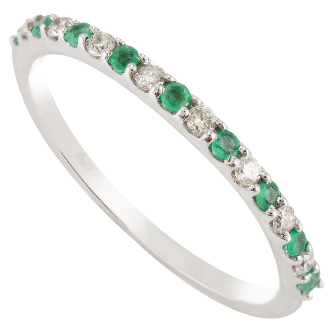 Minimalist Diamond and Emerald Pave Band Stackable Ring 18k Solid White Gold