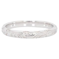 Bague à diamant en or blanc 14K - Bague gravée florale minimaliste