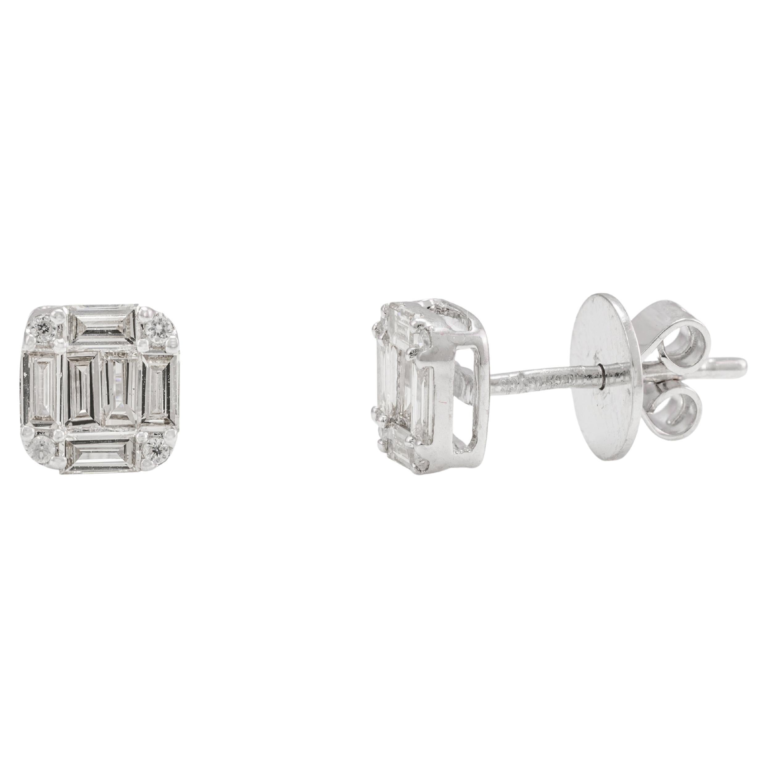 Dainty Diamond Cluster Stud Earrings 18k Solid White Gold Valentine Gift For Her For Sale