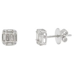 Dainty Diamond Cluster Stud Earrings 18k Solid White Gold Valentine Gift For Her
