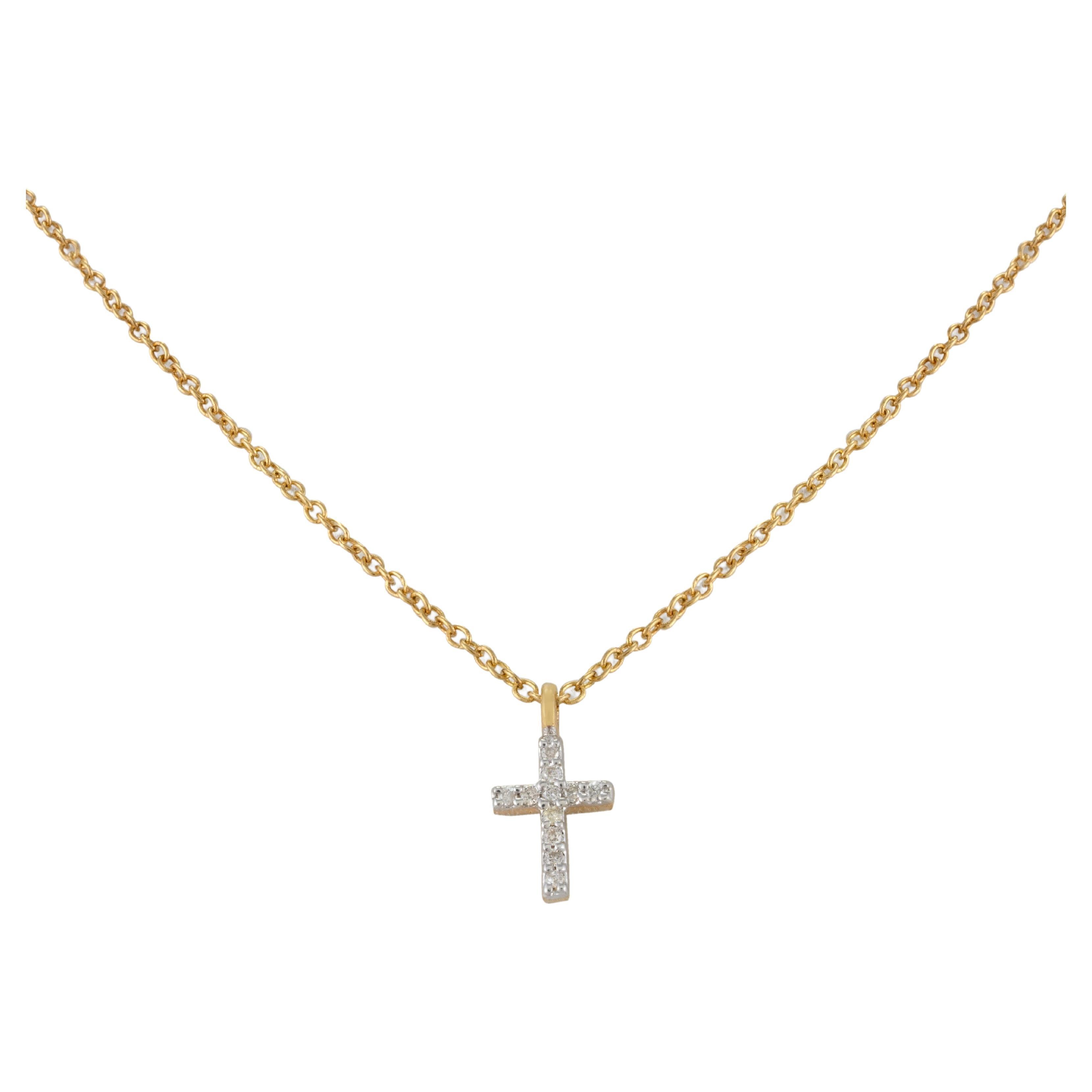 Dainty Diamond Studded Cross Pendant Necklace with Chain 18k Solid Yellow Gold For Sale