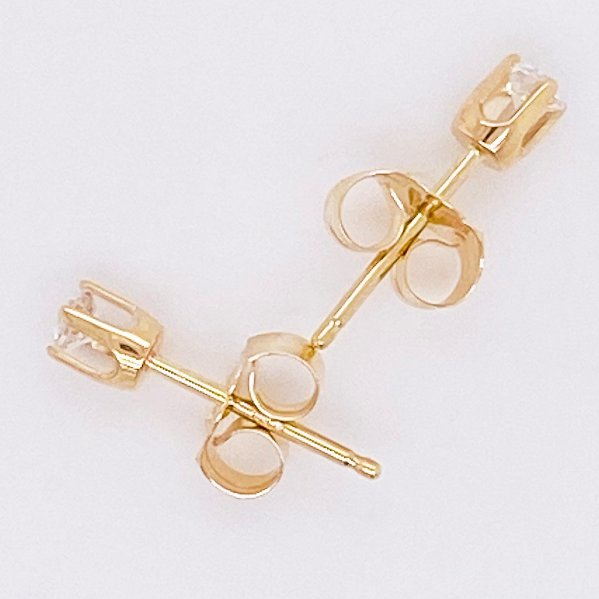 Modern Dainty Diamond Earrings, 14 Karat Yellow Gold Round Studs, Diamond Studs