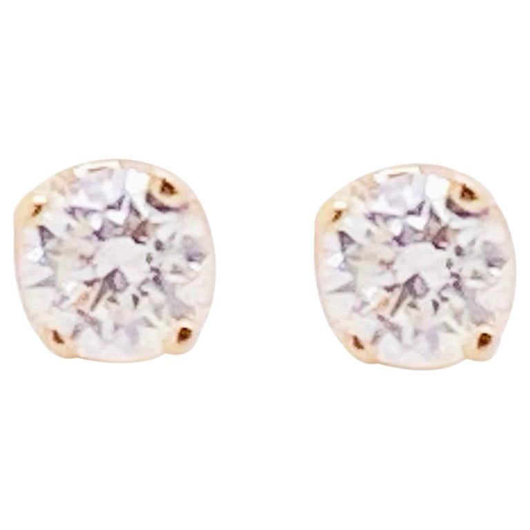 Dainty Diamond Earrings, 14 Karat Yellow Gold Round Studs, Diamond Studs