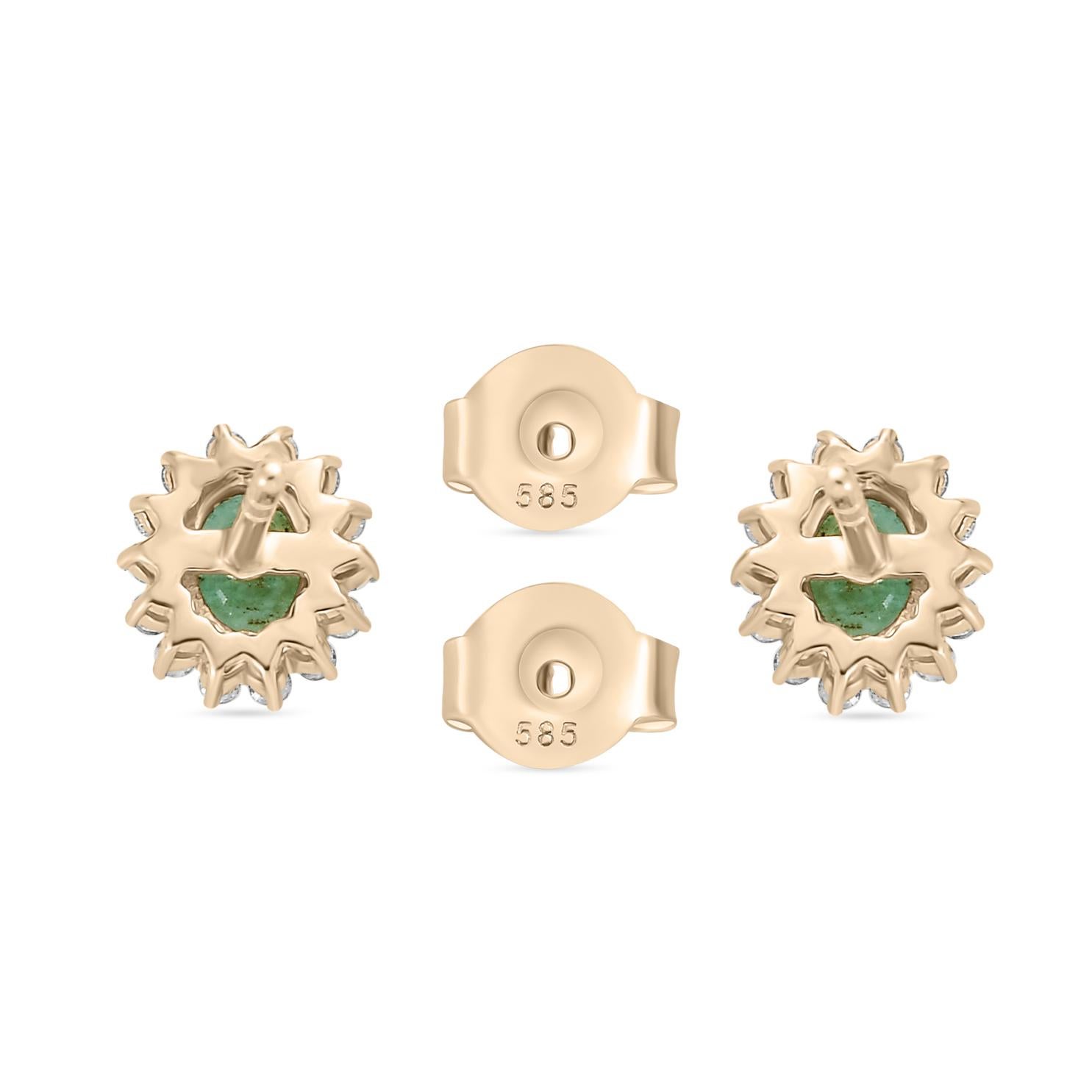 Modern Dainty Diamond Emerald Stud Earrings Made in Solid 14k Yellow Gold For Sale