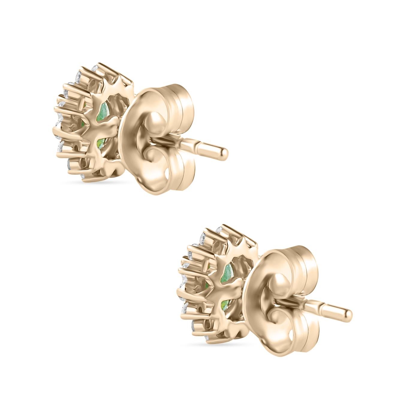 Dainty Diamond Emerald Stud Earrings Made in Solid 14k Yellow Gold In New Condition For Sale In New York, NY