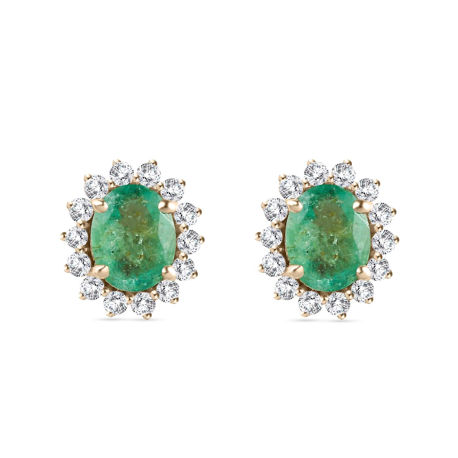 Dainty Diamond Emerald Stud Earrings Made in Solid 14k Yellow Gold For Sale 1