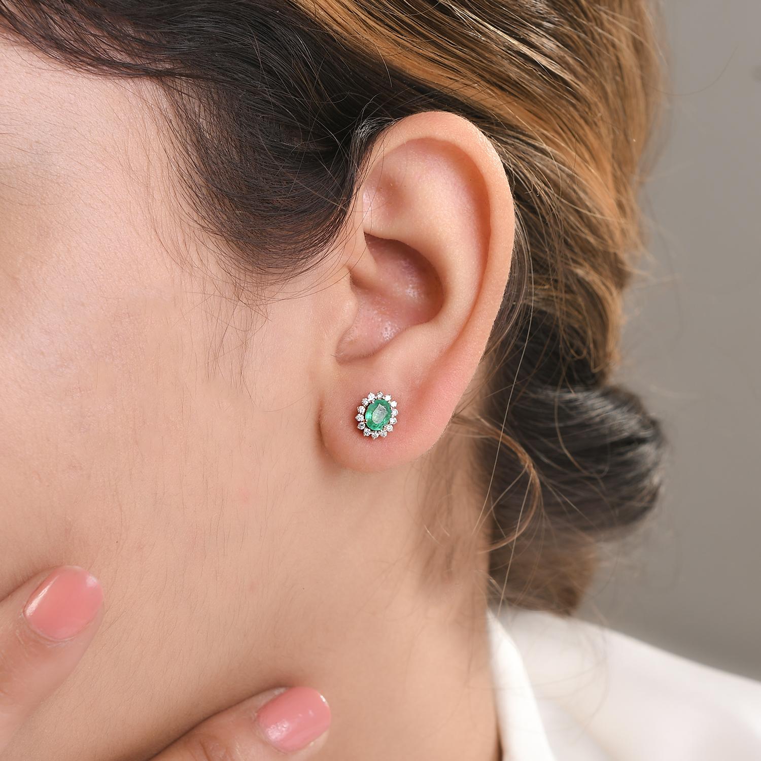 Dainty Diamond Emerald Stud Earrings Made in Solid 14k Yellow Gold For Sale 2