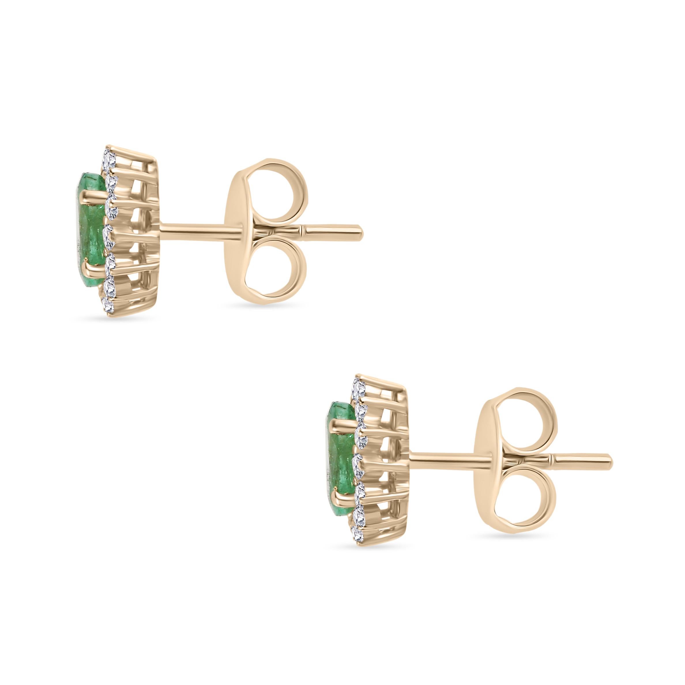 Dainty Diamond Emerald Stud Earrings Made in Solid 14k Yellow Gold For Sale 3