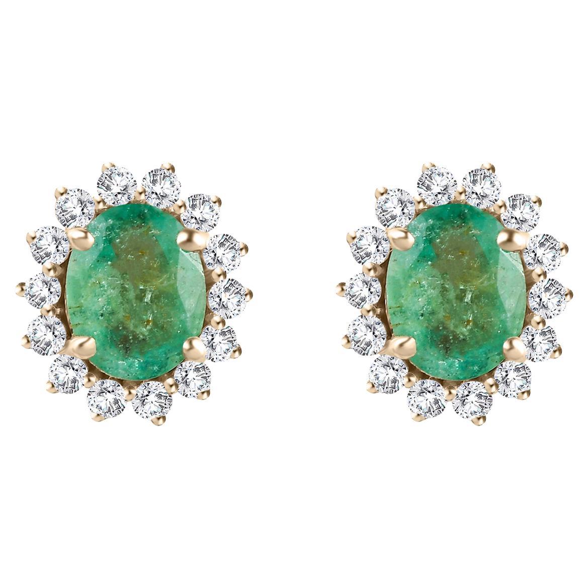 Dainty Diamond Emerald Stud Earrings Made in Solid 14k Yellow Gold