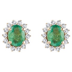 Dainty Diamond Emerald Stud Earrings Made in Solid 14k Yellow Gold