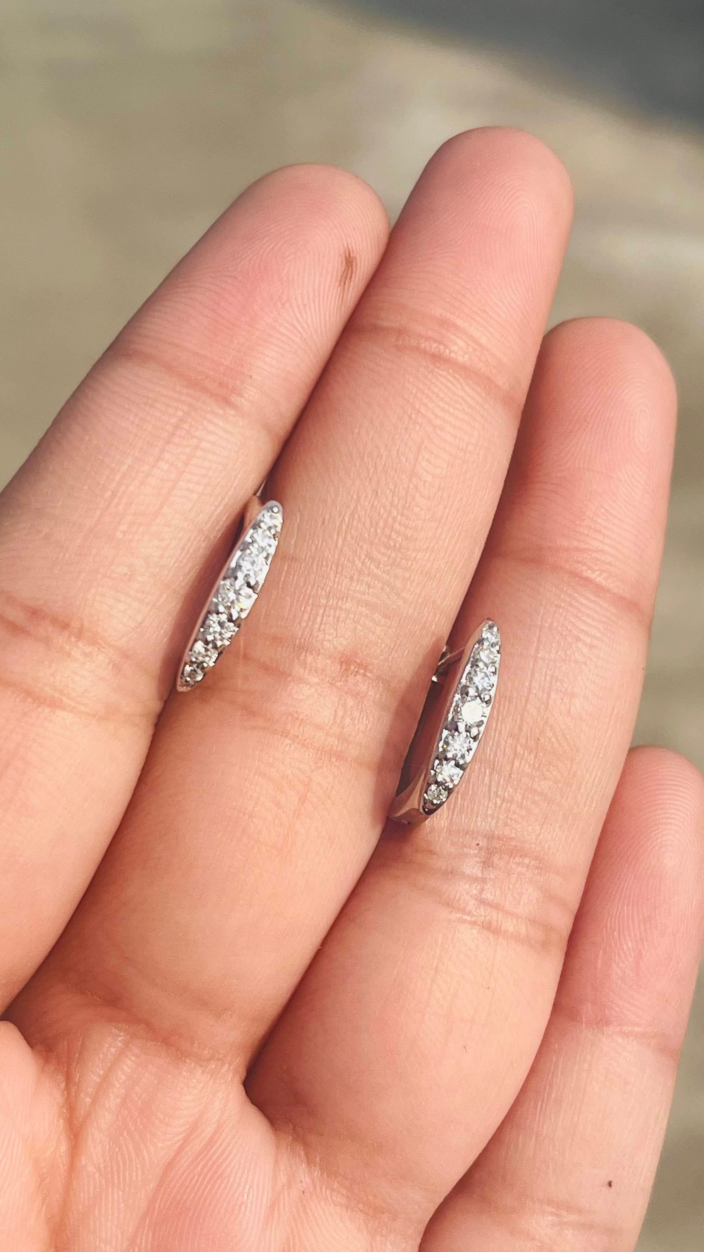 Dainty Diamond Huggie Earrings Set in 18kt Solid White Gold with Shared Prongs For Sale 2