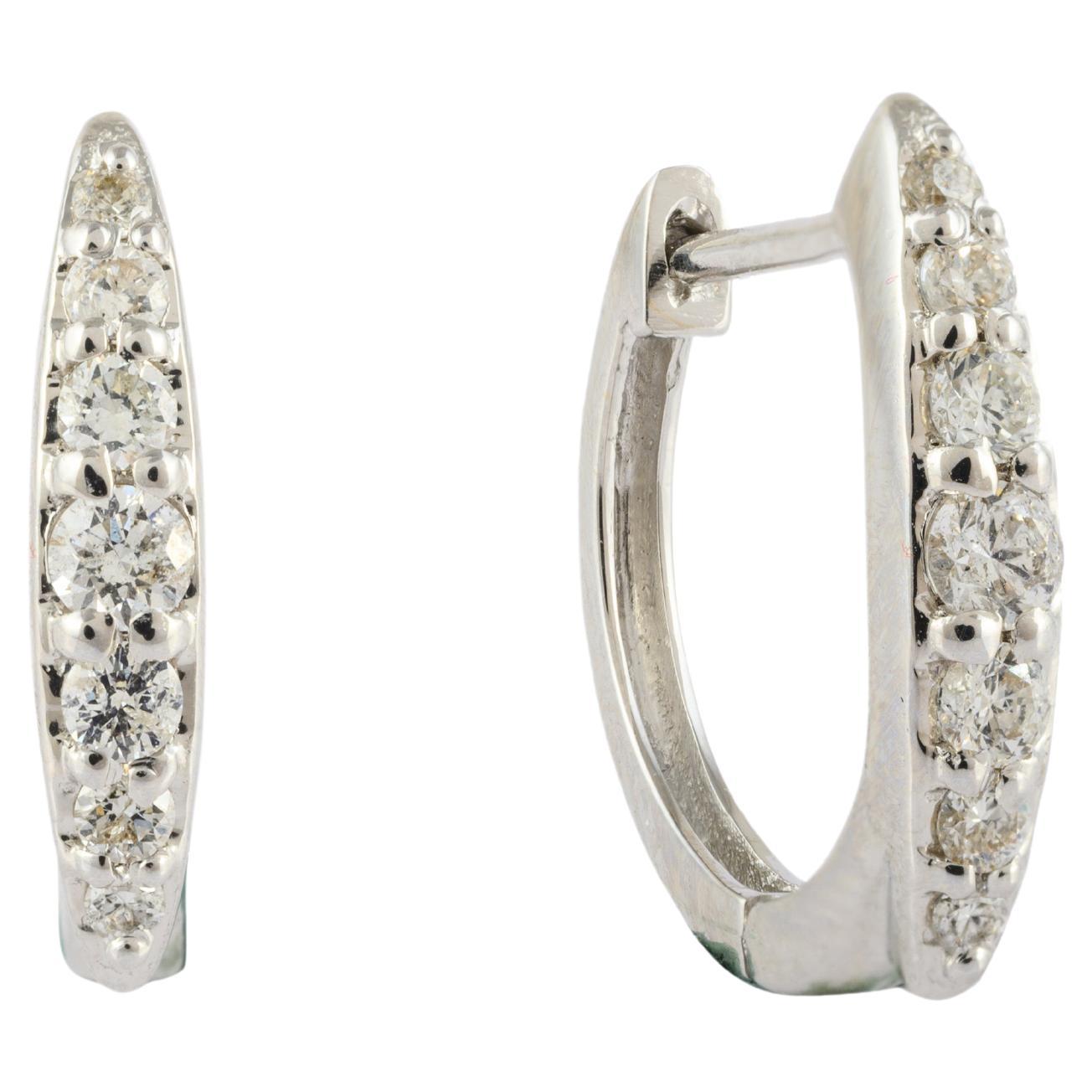 Dainty Diamond Huggie Earrings Set in 18kt Solid White Gold with Shared Prongs