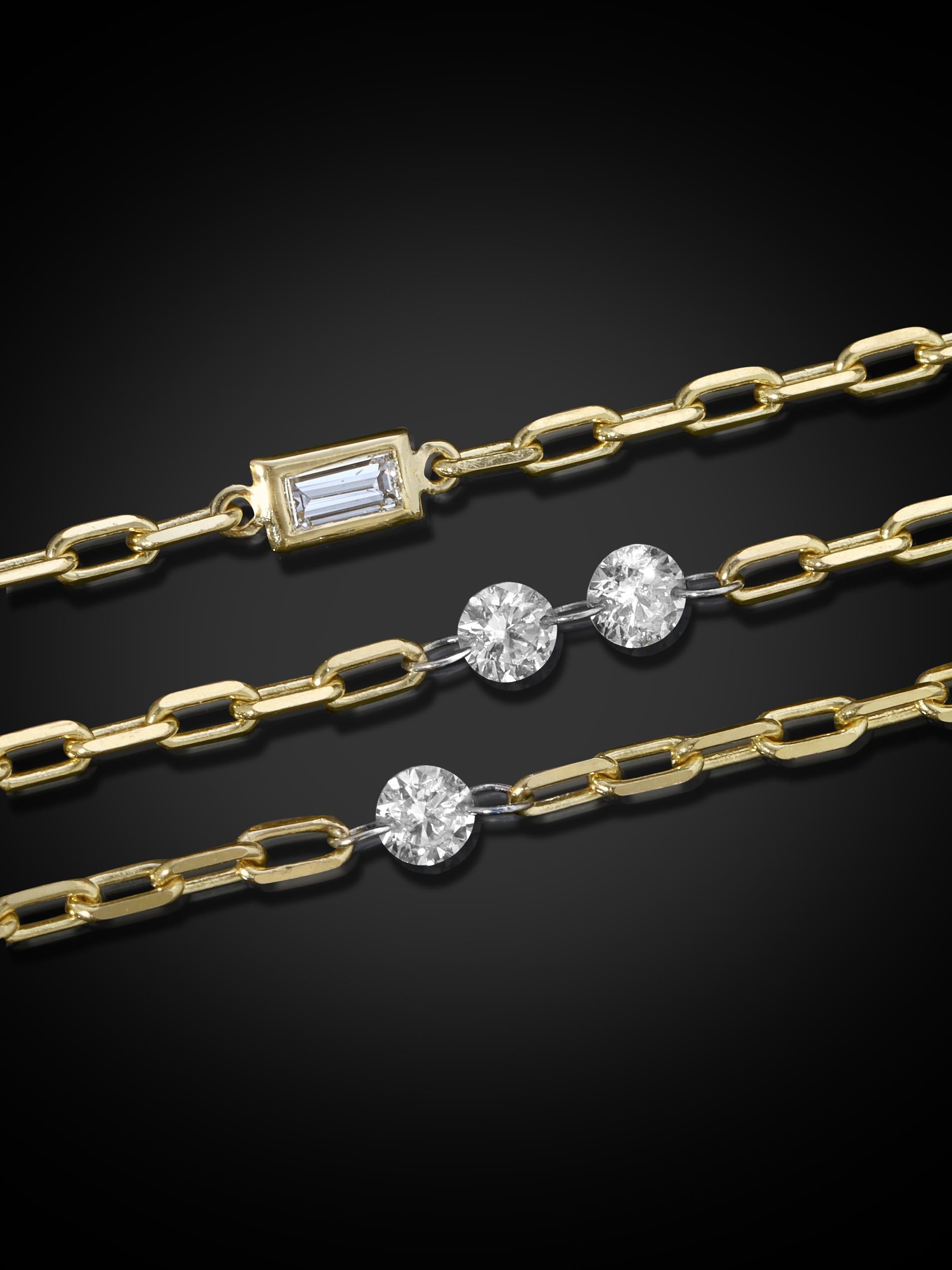 Baguette Cut Dainty Diamond Necklace, 18k Gold VS Diamonds For Sale