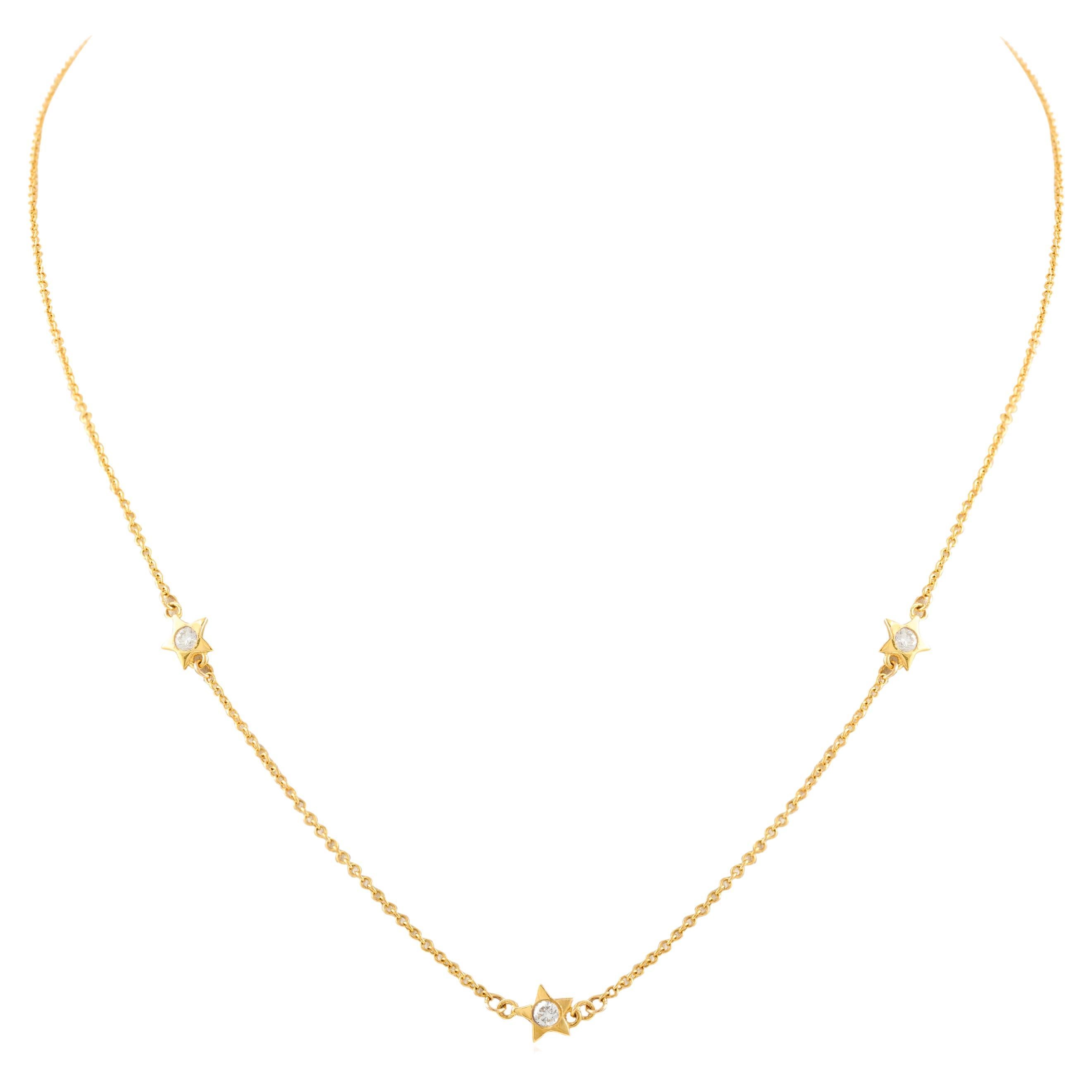 Dainty Diamond Star Chain Necklace 14k Solid Yellow Gold, Daughter Gift For Sale