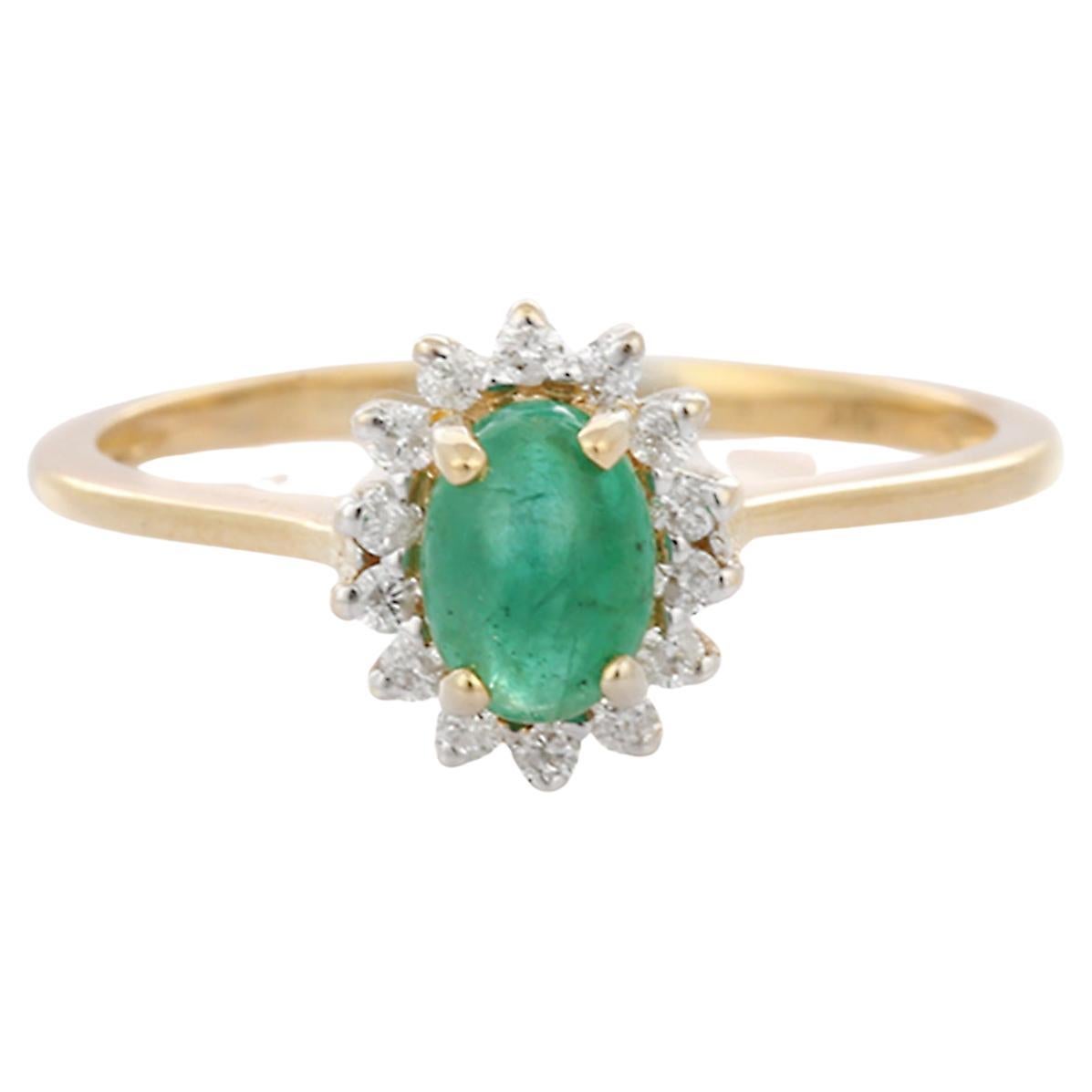 For Sale:  14K Yellow Gold Ring with Oval Cut Emerald and Diamonds, Emerald Halo Ring