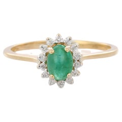 14K Yellow Gold Ring with Oval Cut Emerald and Diamonds, Emerald Halo Ring
