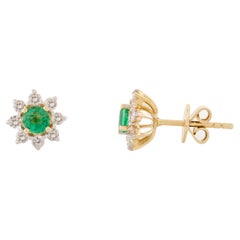Dainty Emerald Diamond Halo Everyday Flower Stud Earrings in 14k Yellow Gold
