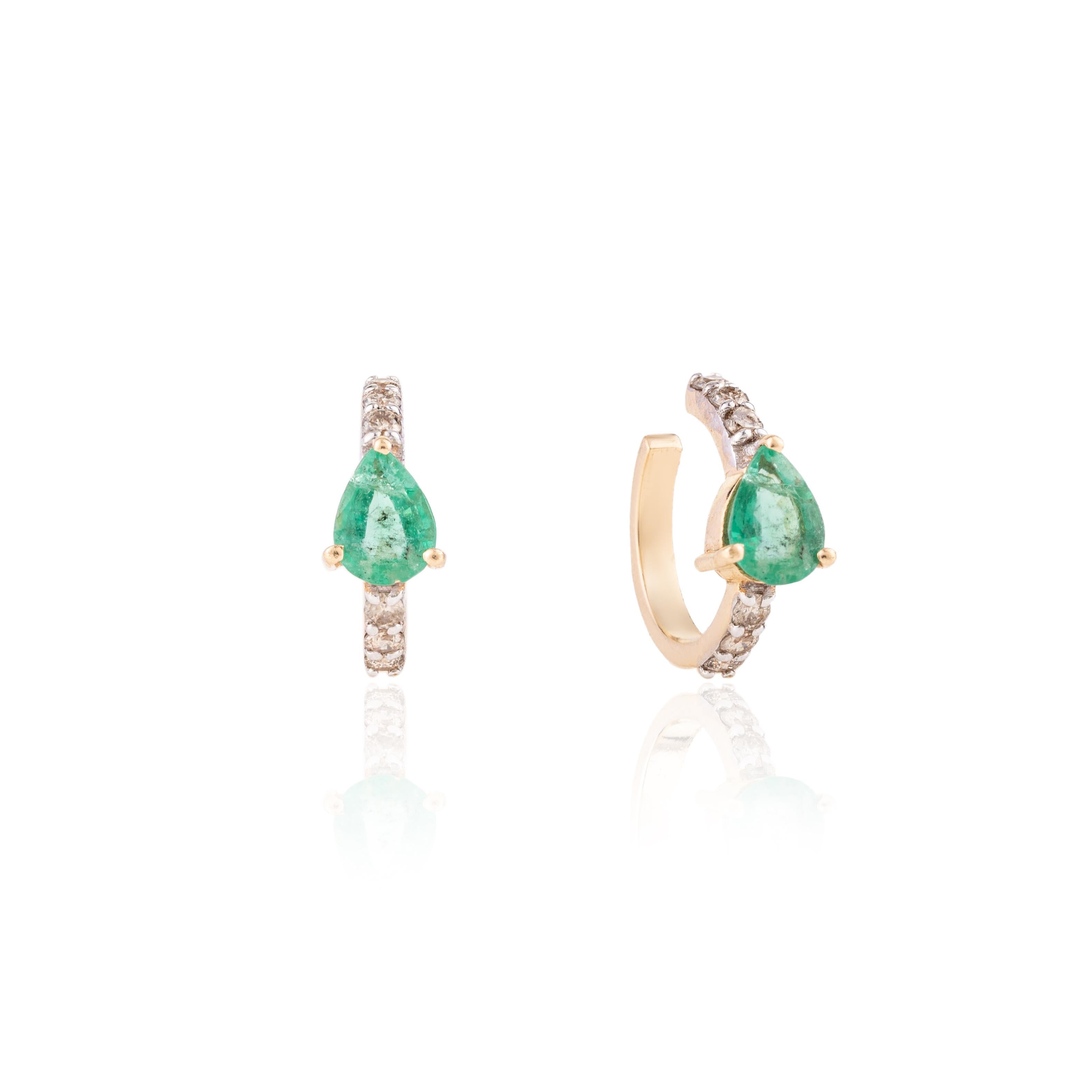 Dainty Emerald Diamond Helix Cuff Earrings in 18K Gold to make a statement with your look. You shall need helix earrings to make a statement with your look. These earrings create a sparkling, luxurious look featuring pear cut emerald and