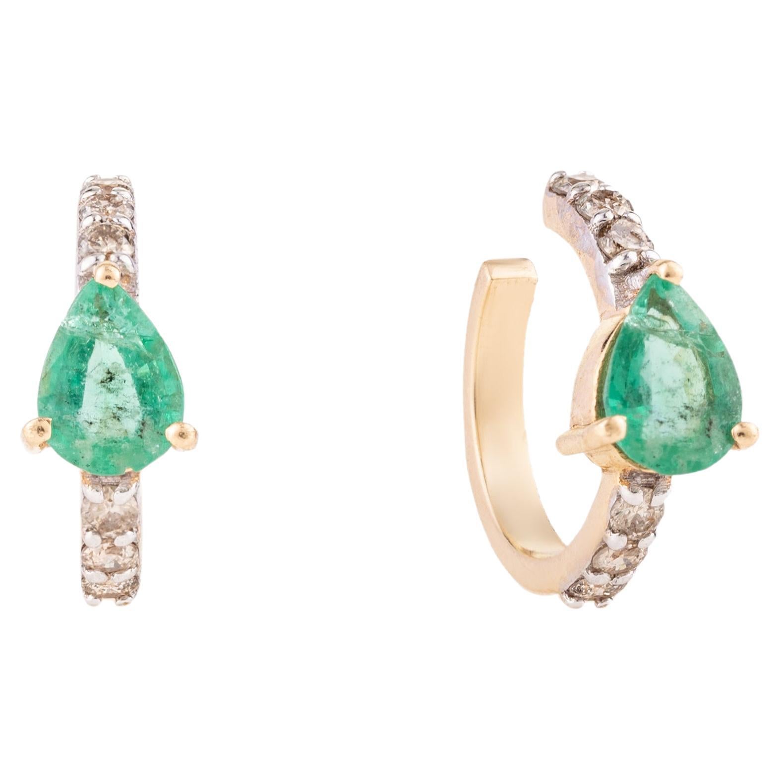 Dainty Emerald Helix Cuff Earrings with Diamonds in 18k Yellow Gold For Sale