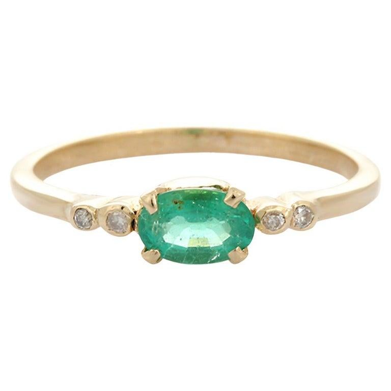 For Sale:  Dainty Emerald Diamond Ring Gift for Her in 14k Solid Yellow Gold 2