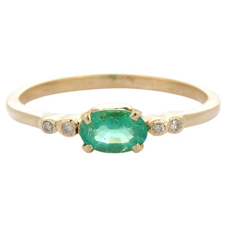 Dainty Emerald Diamond Ring Gift for Her in 14k Solid Yellow Gold
