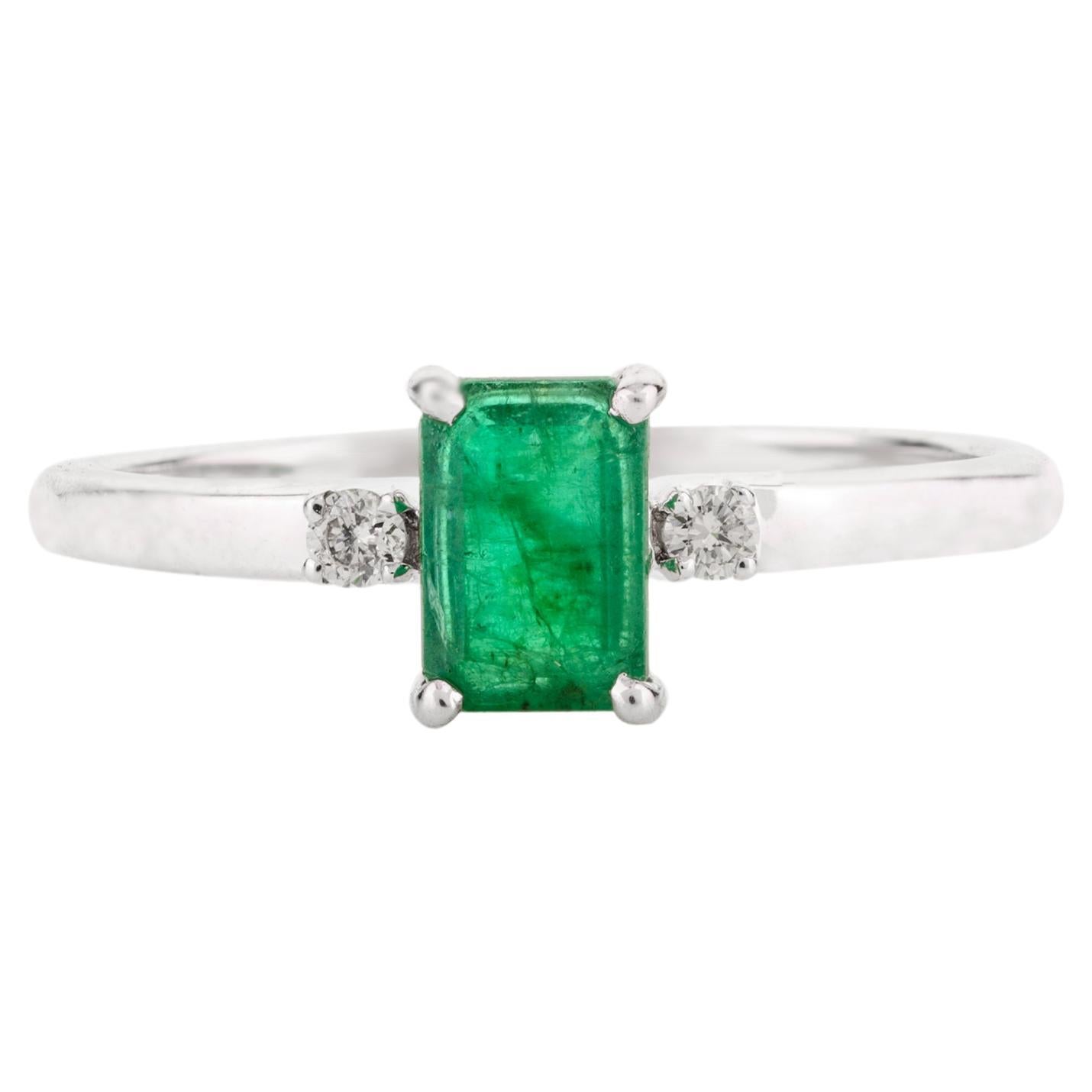 Dainty Octagon Emerald Diamond 14K Solid White Gold Everyday Ring for Her