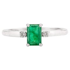 Dainty Emerald Diamond Three Stone Contemporary Ring for Her in 14k White Gold