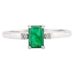Dainty Octagon Emerald Diamond 14K Solid White Gold Everyday Ring for Her