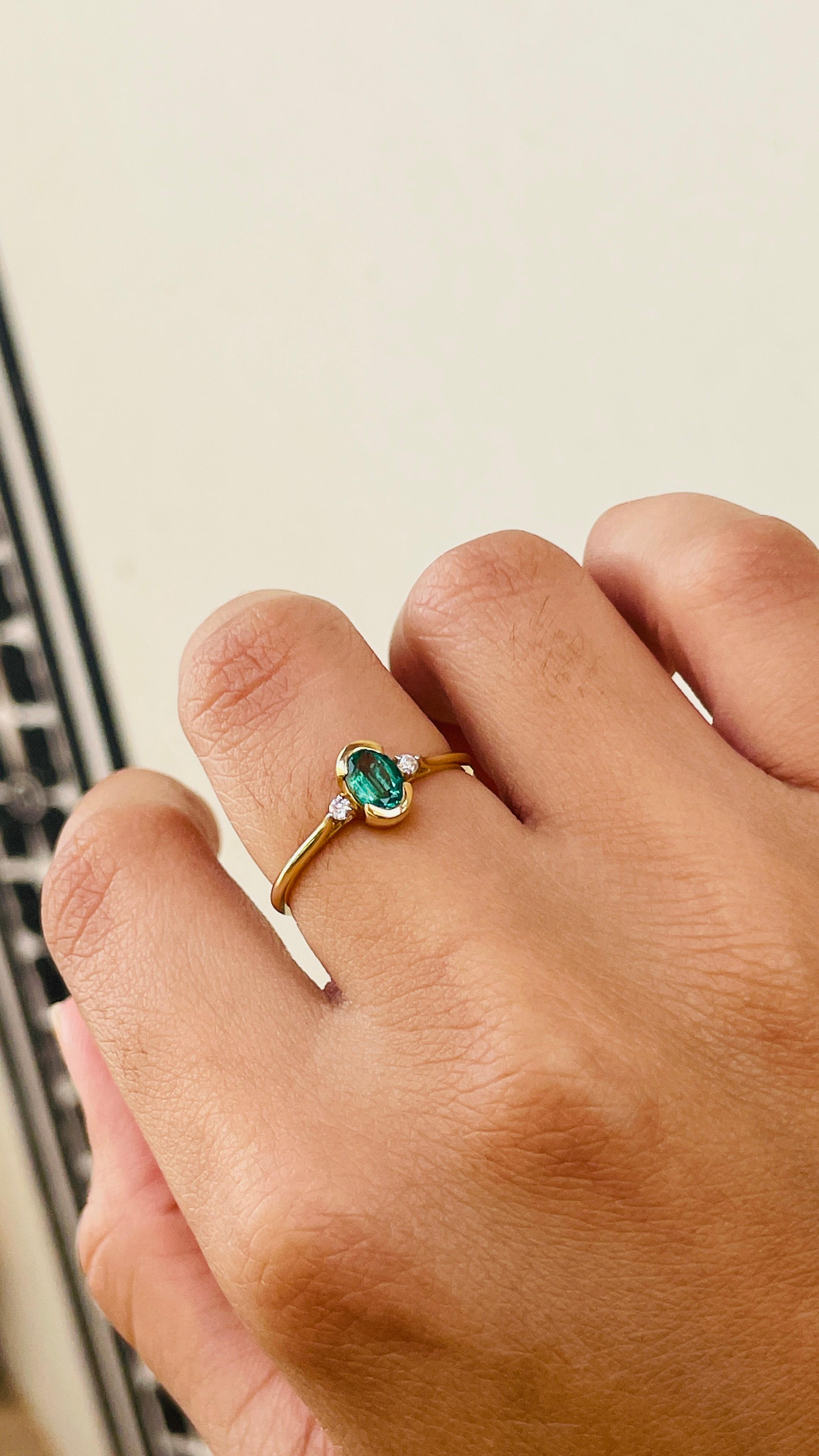 For Sale:  Dainty Emerald Diamond Wedding Ring for Women in 14k Solid Yellow Gold 8