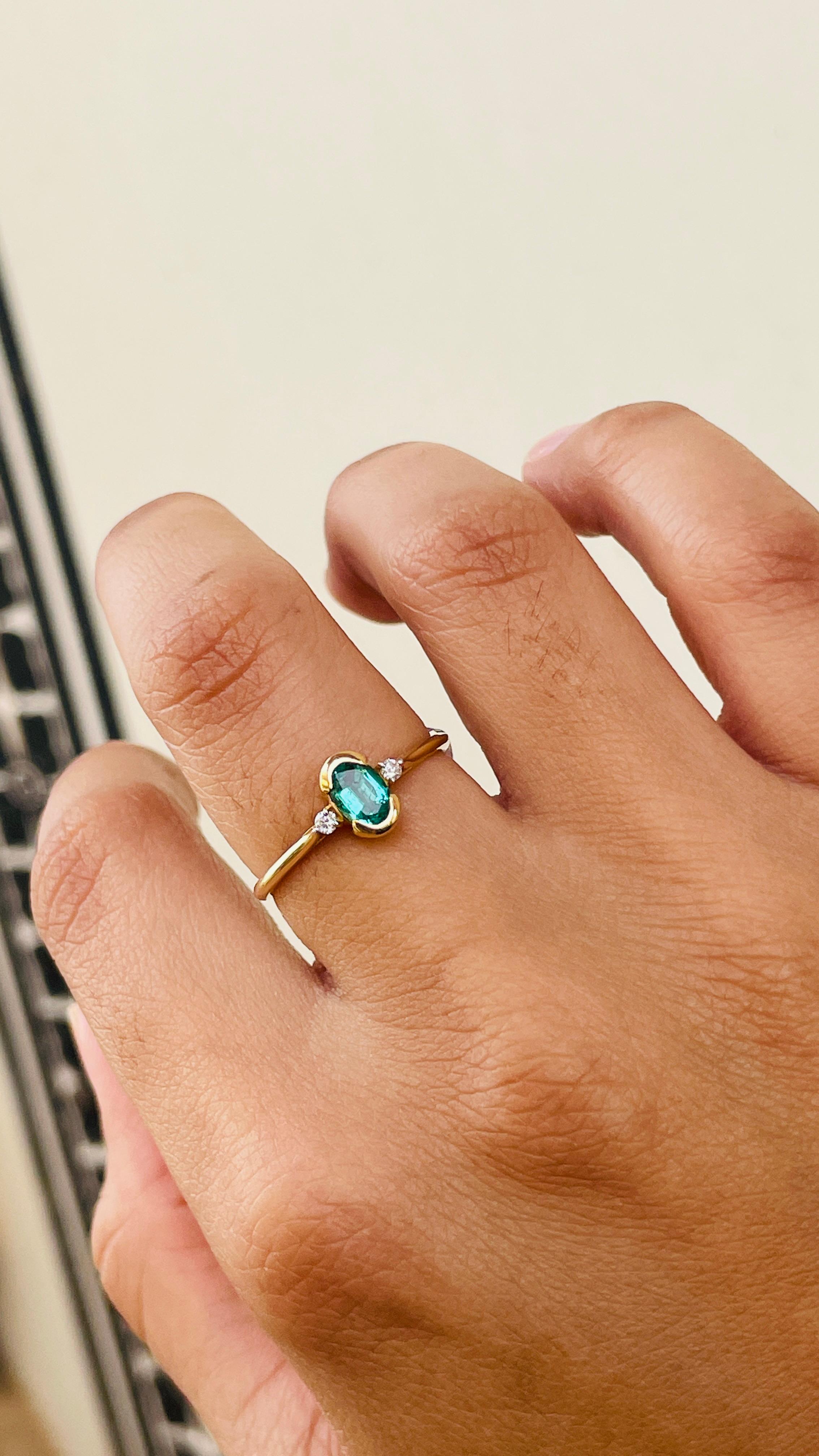 For Sale:  Dainty Emerald Diamond Wedding Ring for Women in 14k Solid Yellow Gold 9