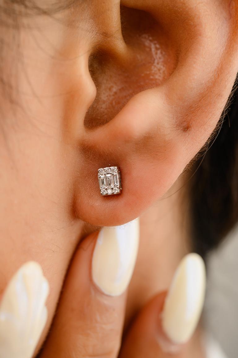Mixed Cut Dainty Diamond Illusion Stud Earrings Handcrafted in 18k Solid White Gold For Sale