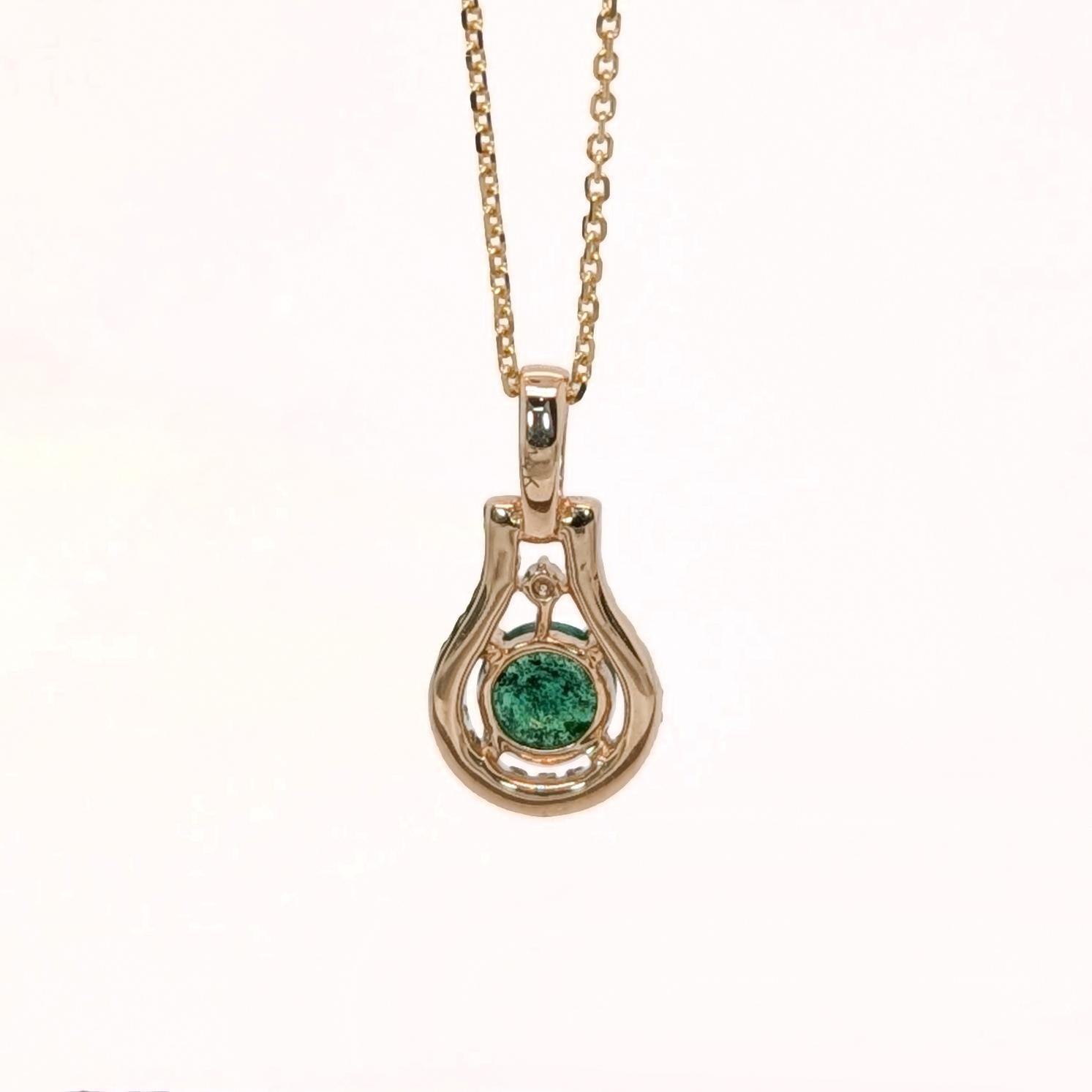 Round Cut Dainty Emerald Pendant w Natural Diamond Halo in Solid 14K Yellow Gold  RD 5mm For Sale