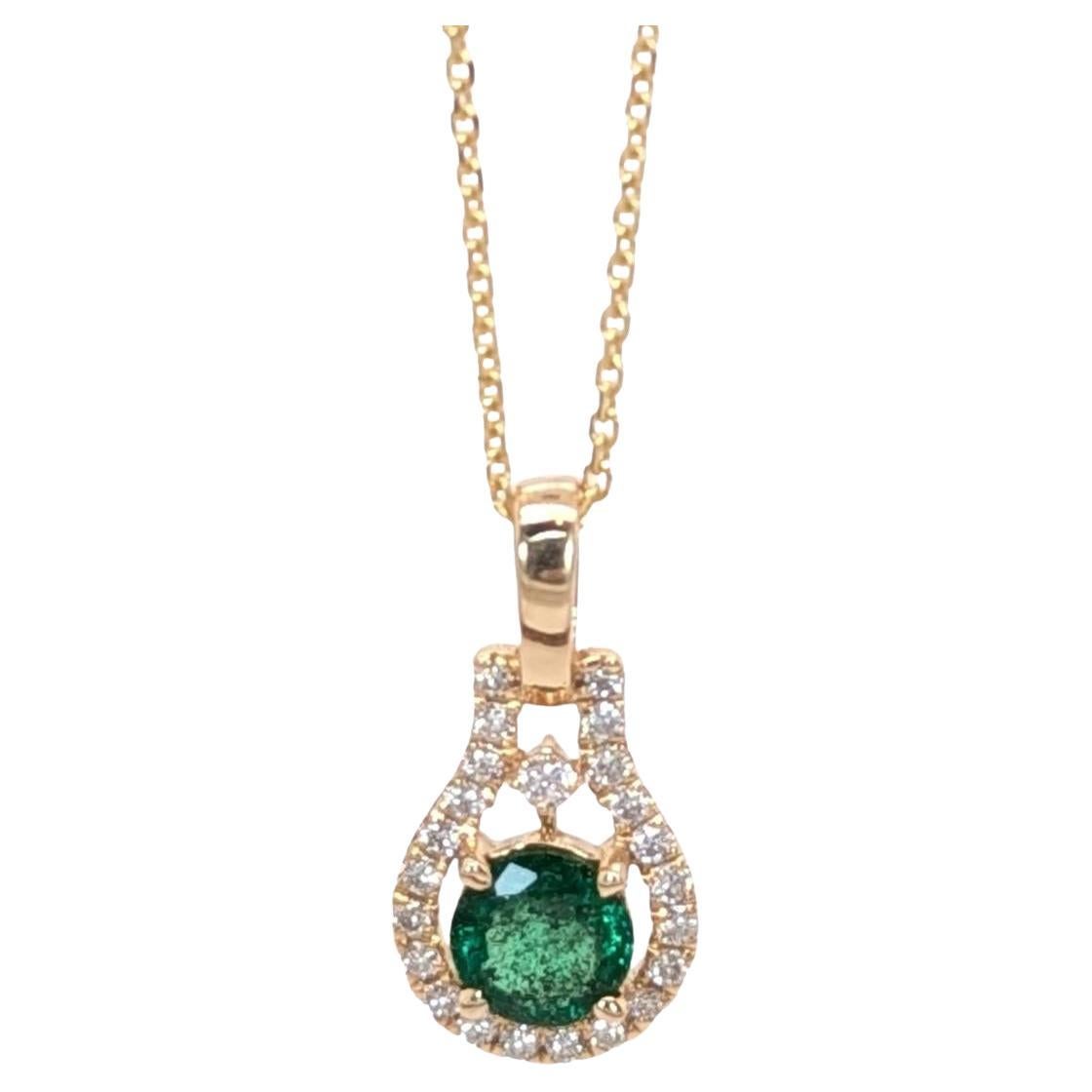 Dainty Emerald Pendant w Natural Diamond Halo in Solid 14K Yellow Gold  RD 5mm For Sale