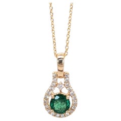 Dainty Emerald Pendant w Natural Diamond Halo in Solid 14K Yellow Gold  RD 5mm