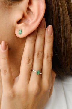 Dainty Emerald Ring Earrings Jewelry Set Made in 18k Solid White Gold